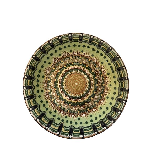 Handcrafted Romanian Redware Ceramic Plate 12" Intricate Green & Brown Pattern - Picture 1 of 5